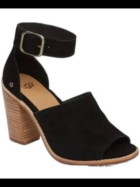 UGG Aja Black Suede Ankle Strap Heels